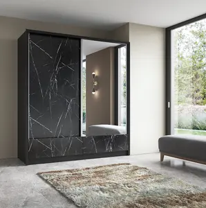 Luxurious Aria I Sliding Door Wardrobe W2040mm H2140mm D620mm - Black Marble & Black Matt Finish