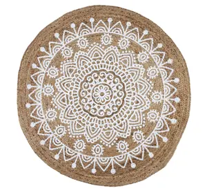 MANDALA Pattern Round White Rug Jute with Block Print / 150 cm Diameter