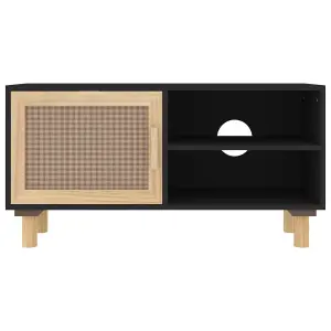 Berkfield TV Cabinet Black 80x30x40 cm Solid Wood Pine and Natural Rattan