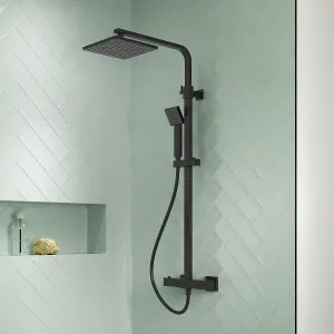 Square Thermostatic Shower Kit with Fixed Head & Adjustable Handset - Matt Black