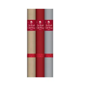 3 Rolls Coloured Kraft Wrapping Paper Christmas Gift Wrap Silver Red Kraft 2m