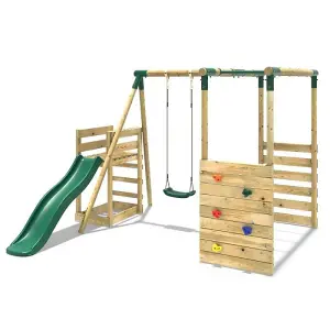 Rebo Wooden Children's Swing Set with Monkey Bars plus Deck & 6ft Slide - Single Swing - Solar Green