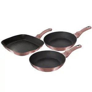 BERLINGER HAUS Rose 3pc Frying Grill Pan Aluminium Non Stick Marble Coating Metallic