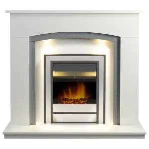 Adam Savanna Fireplace in Pure White & Grey with Downlights & Argo Electric Fire in Brushed Steel, 48 Inch