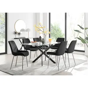 Lenworth Glass Rectangular Dining Table Set with 6 Luxury Velvet Chairs Black / Black/Silver