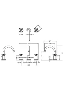 Connect 3 Tap Hole Deck Mount Basin Mixer Tap with Crosshead Handles and Pop Up Waste - Chrome - Balterley