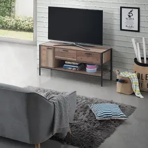 Stretton Rustic TV Unit Stand Cabinet 1 Door 2 Storage Drawers Industrial Oak