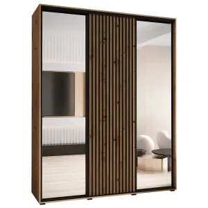 Sapporo II - Oak Artisan Mirrored Sliding Door Wardrobe with Lamella Effect - Ample Storage (H)2050mm (W)1900mm (D)600mm