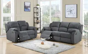 Florida Grey Fabric Sofa Suite Manual Reclining Sofa Set 3 + 2 Seater Sofas High Back