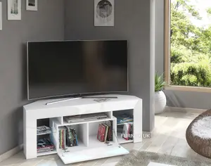 Furneo White Corner TV Stand 125cm Unit Cabinet Matt & High Gloss Milano05 White LED Lights