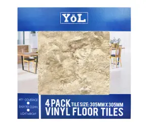 Floor Tiles Self Adhesive Vinyl Flooring Kitchen Bathroom Beige Marble Stone - Pack of 4 (0.37sqm)