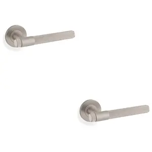 2 PACK - SOLID BRASS Knurled Door Handle Set - Satin Nickel Bar Lever on Round Rose