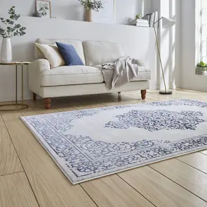 Blue Silver Traditional Abstract Bordered Easy To Clean Rug For Living Room Bedroom & Dining Room-160cm X 230cm