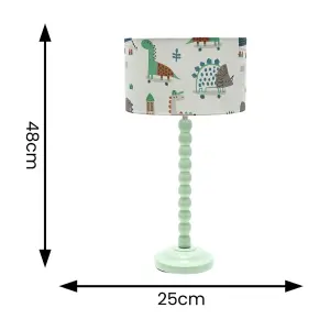 Sage Green Bobbin Stem Table Lamp with Cartoon Dino Drum Shade for Living Room Bedroom