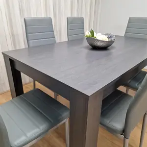 Dining Table and 6 Chairs  Black Dark Grey 6 Grey Leather Chairs Wood Dining Set Furniture