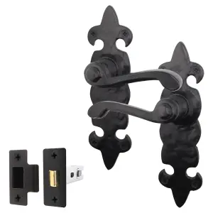 AFIT Black Antique Fleur De Lys Door Handle Latch Set - 1 Pair Cast Iron Internal Lever Latch Handles on Backplate & Latch (64mm)