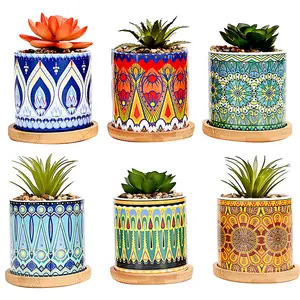 simpa 6PC Datura Pattern Ceramic Plant Pots with Bamboo Base