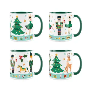 Purely Home Green Christmas Nutcracker Character Coffee Mug - 4x Green & White Ceramic Mugs