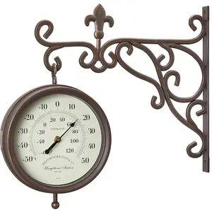 Marylebone Station Wall Mounted Quartz Clock & Thermometer - Battery Powered Weatherproof Double-Sided Home Garden Decoration