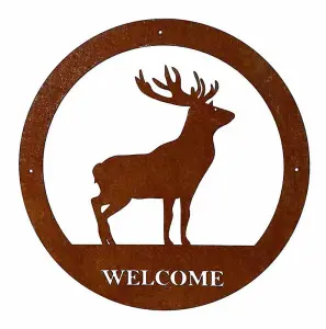 Stag Welcome Wall Art - Large - Steel - W49.5 x H49.5 cm - Bare Metal/Ready to Rust