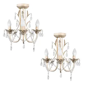 ValueLights Odelia Pair of Traditional Style Distressed Cream Shabby Chic 3 Way Ceiling Light Chandeliers