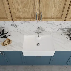 795mm - Fireclay Single Bowl Butler Kitchen Sink - Classic Tap, Tap Ledge & Waste