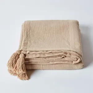 Homescapes Cotton Rajput Ribbed Beige Throw, 150 x 200 cm