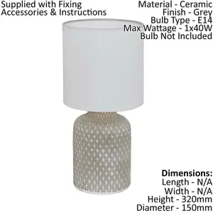 Table Desk Lamp Grey Patterned Ceramic Shade White Fabric Bulb E14 1x40W