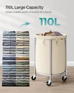 SONGMICS Laundry Basket on Wheels, Laundry Trolley, Round Laundry Hamper with Steel Frame and Removable Bag, Cream and Silver