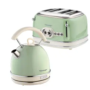 Ariete ARPK40 Vintage Retro Dome Kettle, 4 Slice Toaster Set, Green