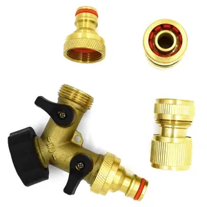 2 Way Garden Tap Connector, Brass Garden Hose Tap Y Splitter Connector with Individual On/Off Valves and 2 Matching Connectors