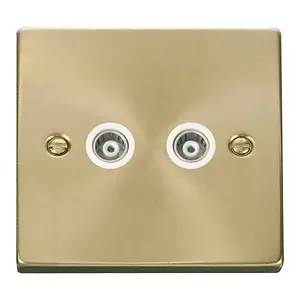 Satin / Brushed Brass Twin Isolated Coaxial Socket - White Trim - SE Home