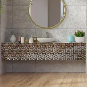 Walplus Metallic Silver Brown Stone Mosaic Wall Metallic Tile Sticker Set 24Pcs