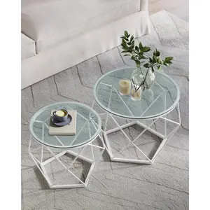 Alieya Round Coffee Tables, Set Of 2 Side Tables, Modern Style, Removable Tabletop, Steel Frame, For Living Room,Transparent-Cloud White