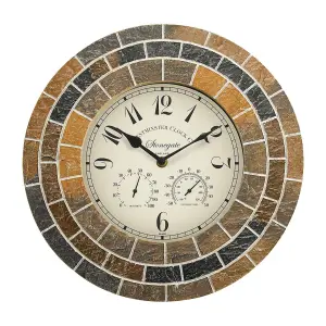 Stonegate Mosaic Quartz Wall Clock & Thermometer - Battery Powered Weatherproof Stone Effect Home Garden Decor - 33.5cm Diameter