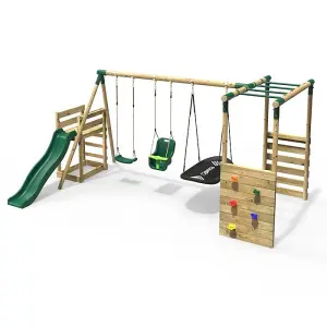 Rebo Wooden Children's Swing Set with Monkey Bars plus Deck & 6ft Slide - Triple Swing - Halley Green