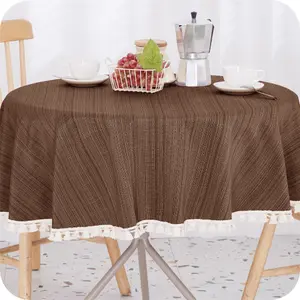 Deconovo Wipe Clean Faux Linen Water Resistant Round Table Cloth With Tassel Table Cover for Dining 140cm (55in) Brown