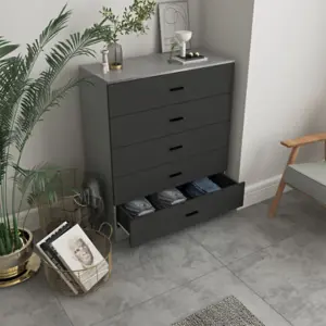 URBNLIVING Height 90.5cm 5 Drawer Wooden Bedroom Chest Cabinet Grey Carcass And Black Drawers Modern Wide Storage Cupboard Closet