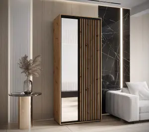 Sapporo II - Oak Artisan Mirrored Sliding Door Wardrobe - Compact Storage for Modern Living (H)2050mm (W)1200mm (D)600mm