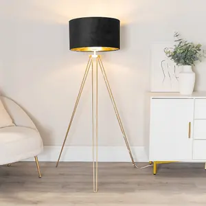 ValueLights Aero Hairpin Gold Tripod Floor Lamp with Black Velvet and Gold Drum Lamp Shade and LED Bulb