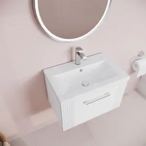 Retro 1 Drawer Wall Hung Vanity Unit with Mid-Edge 1 Tap Hole Ceramic Basin - 600mm - Satin White - Balterley