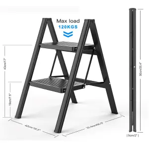 Black 2 Step Ladder Folding Metal Non Slip Stool Heavy Duty Carbon Steel