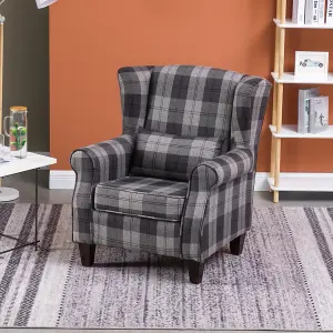 Grey Tartan Linen Wingback Armchair Tub Chair Retro Check Leisure Chair with Cushion