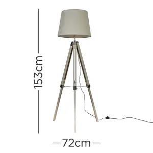 ValueLights Clipper Distressed Wood and Silver Chrome Tripod Floor Lamp with Beige Tapered Light Shade with 6w LED GLS Bulb