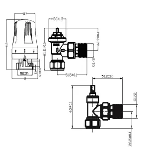 Right Radiators Black Angled TRV Thermostatic Radiator Valve and lockshield Valve 15mm x 1/2"