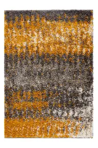 Yellow Ochre Grey Distressed Abstract Scandi Shaggy Living Area Rug 110x160cm