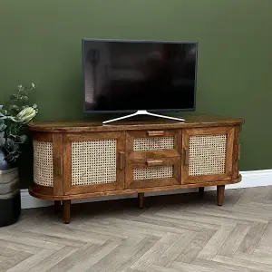 Elm Home And Garden Soild Mango Wood Rattan Oval Tv Media Unit Doors Dark Oak Finish 140cm Wide Assembled