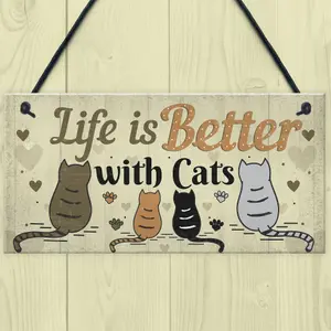 Red Ocean Funny Cat Sign Life Is Better With Cats Hanging Plaque For Home Cat House Plaque Gift