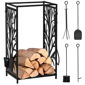 HOMCOM Heavy Duty Firewood Log Rack Wood Storage Holder w/ 4 Tools Steel, Black