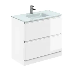 Marvel 900mm Floor Standing Bathroom Vanity Unit in Gloss White with White Glass Basin